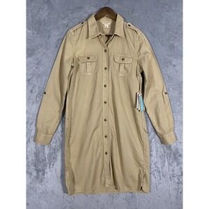 Polo Jeans Co Dress Womens Medium Khaki Indie Safari Shirt Midi Roll Tab Utility